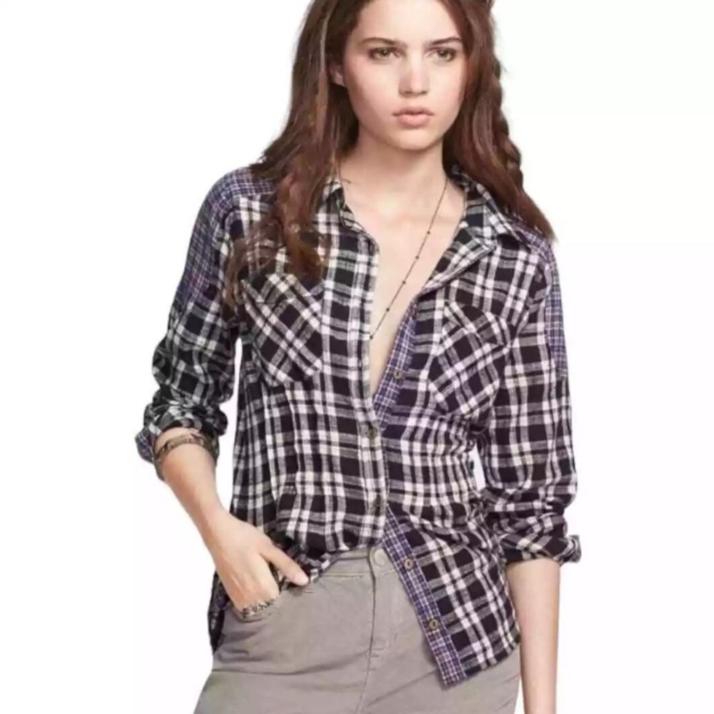 Free People Catch Up With Me Plaid Flannel Shirt Size Med Navy-Black Blue White